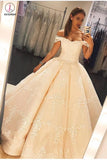 Princess Ball Gown Off the Shoulder Floor-length Satin Prom Dress with Lace KPP0346