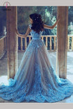Blue Straps Hand Made Flowers Tulle Prom Dress,Wedding Dress with Beads KPP0347