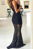 Black Mermaid High Neck Sweep Train Sleeveless Lace Prom Dress,Sexy Evening Dress KPP0348