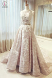 A-line Round Neck Sleeveless Ruched Lace Long Prom Dress with Belt,Wedding Dress KPP0349