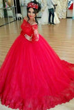 Red Long Sleeve Off-the-shoulder Lace Wedding Dress Ball Gown Quinceanera Dresses KPW0141