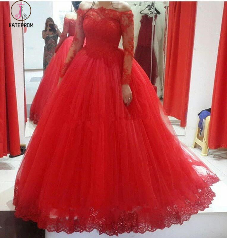 long sleeve red quince dress Red Long Sleeve Off-the-shoulder Lace Wedding Dress Ball Gown Quincean –  kateprom