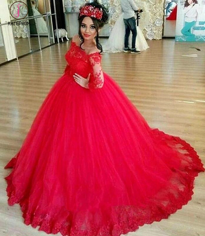 Red Long Sleeve Off-the-shoulder Lace Wedding Dress Ball Gown Quincean   kateprom