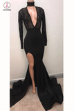 Fabulous Black Deep V-neck Long Sleeve Prom Dresses Split Sexy Evening Gown KPP0351