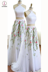 Unique White Jewel Sleeveless A-line Tulle Two Pieces Prom Dress with Flowers for Teens KPP0352