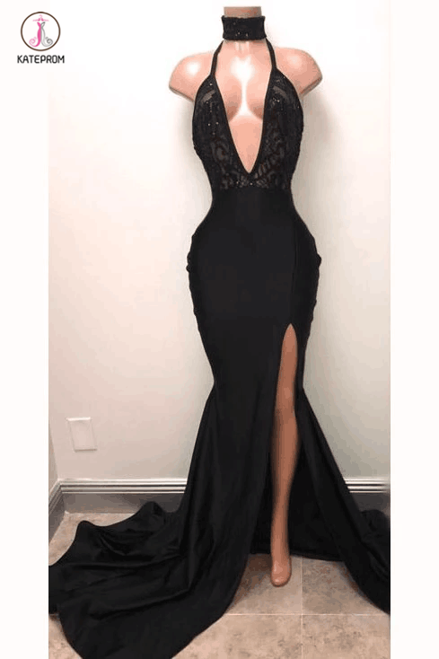 Sexy Black Straps Deep V-neck Mermaid Split Sleeveless Evening Dress with Lace KPP0353