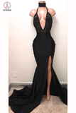 Sexy Black Straps Deep V-neck Mermaid Split Sleeveless Evening Dress with Lace KPP0353