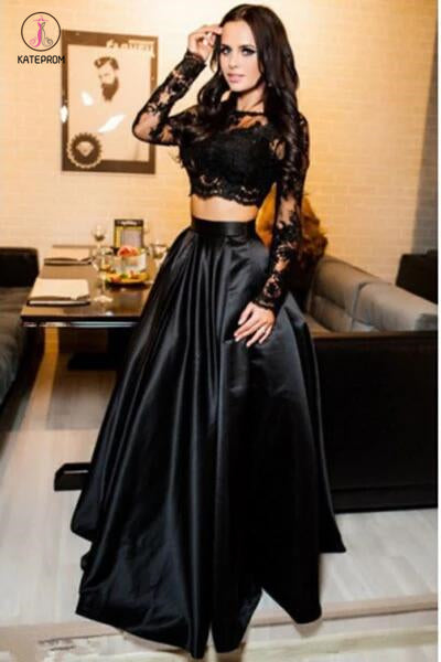 A-line Black Two Piece Long Sleeve Floor Length Satin Evening Dress with Lace KPP0355