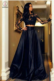 A-line Black Two Piece Long Sleeve Floor Length Satin Evening Dress with Lace KPP0355