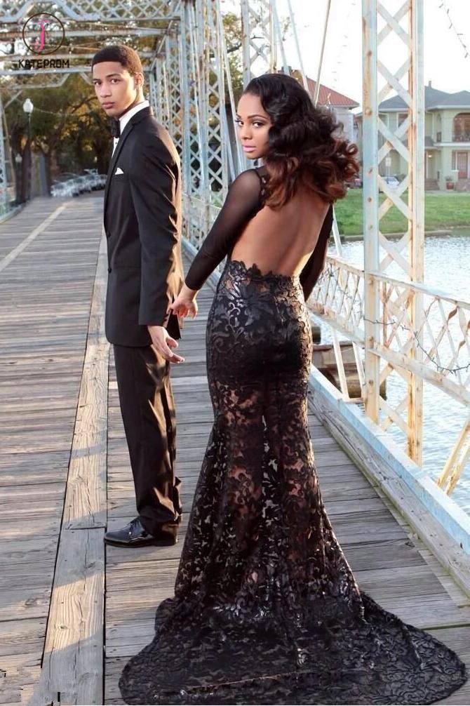 Black Mermaid Prom Dresses Long Sleeves Lace Sheer Fabric Sexy Evening – kateprom