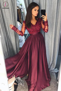 Maroon Long Sleeve V-neck Prom Dress with Lace Banquet Gown with Slit KPP0360