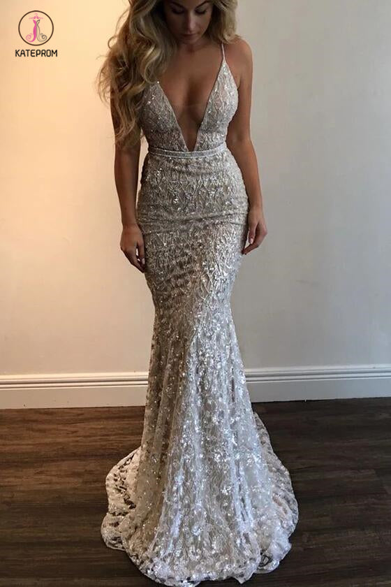 Spaghetti Straps Deep V-neck Sleeveless Mermaid Long Wedding Dresses,Prom Dress KPP0361