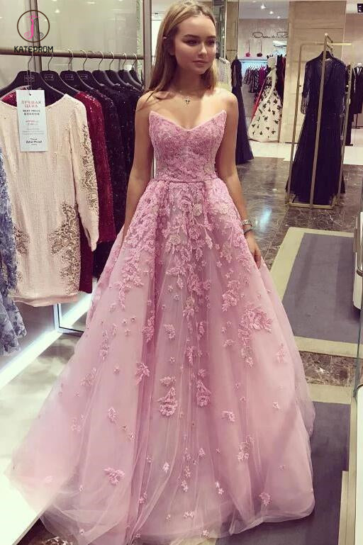 Bubblegum Strapless V-Neck Applique Long Prom Dress,Sleeveless Tulle E kateprom Bubblegum Strapless V-Neck Applique Long Prom Dress,Sleeveless Tulle E kateprom