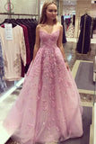 Bubblegum Strapless V-Neck Applique Long Prom Dress,Sleeveless Tulle Evening Dress KPP0362