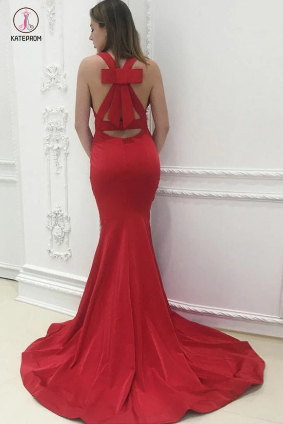 Unique Back Design Red V-neck Sleeveless Mermaid Sweep Train Prom Dresses KPP0363
