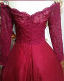 Burgundy Off the Shoulder Long Sleeve Applique Tulle Evening Dress,Long Prom Dress KPP0364