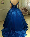 Royal Blue Satin Off-the-shoulder Applique Ball Gowns Quinceanera Dresses KPP0366
