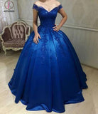 Royal Blue Satin Off-the-shoulder Applique Ball Gowns Quinceanera Dresses KPP0366