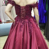 A Line Burgundy Off the Shoulder Lace Up Back Applique Satin Long Prom Dress KPP0367