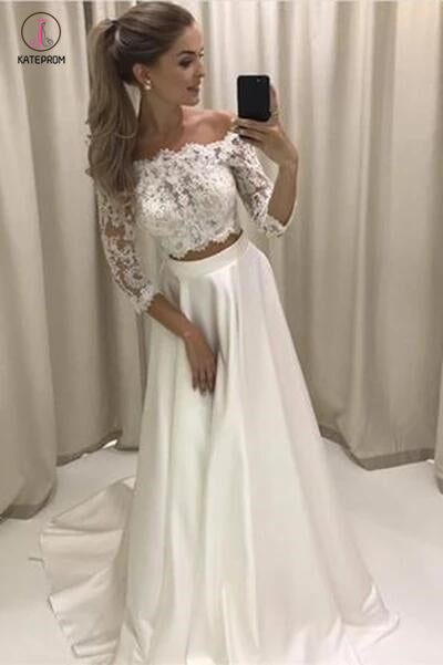 Two Piece 3/4 Sleeve Off the Shoulder Lace Satin Beach Wedding Dress,Prom Dress KPP0368