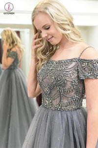 Gray Sparkly Off the Shoulder Short Sleeves Beading Tulle Long Prom Dresses KPP0369