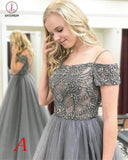Gray Sparkly Off the Shoulder Short Sleeves Beading Tulle Long Prom Dresses KPP0369