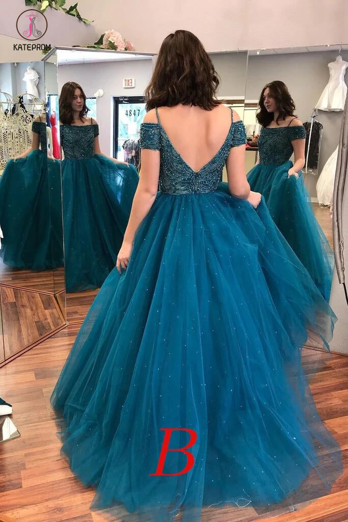 Gray Sparkly Off the Shoulder Short Sleeves Beading Tulle Long Prom Dr ...