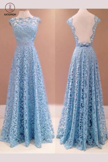 A-line Blue Sleeveless Lace Floor-length Prom Dresses,Sexy Evening Dresses KPP0372