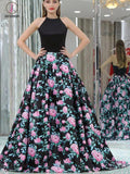 Black A-line Halter Sleeveless Floral Long Prom Dress,Elegant Prom Gown KPP0371