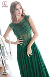 A-line Dark Green Cap Sleeve Scoop Applique Chiffon Long Prom Dress with Beaded KPP0373