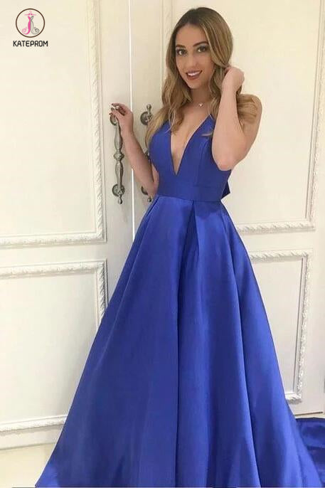 A-line Royal Blue Deep V-neck Sleeveless Long Prom Gown with Bowknot KPP0374