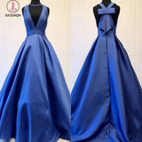 A-line Royal Blue Deep V-neck Sleeveless Long Prom Gown with Bowknot KPP0374