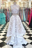 Two Piece Jewel Sleeveless White Lace Long Prom Dress,Cheap New Prom Gown KPP0375