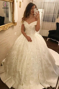 Ivory Ball Gown Off-the-Shoulder Pleated Satin Lace Appliques Wedding Dress KPW0142