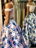 Two Piece Off the Shoulder Pink Floral Long Prom Gown,A-line Formal Dresses with Lace KPP0376