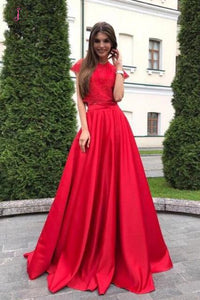 Two Pieces Red Short Sleeve Satin Prom Dresses with Lace Top,Cheap Prom Dresses KPP0379