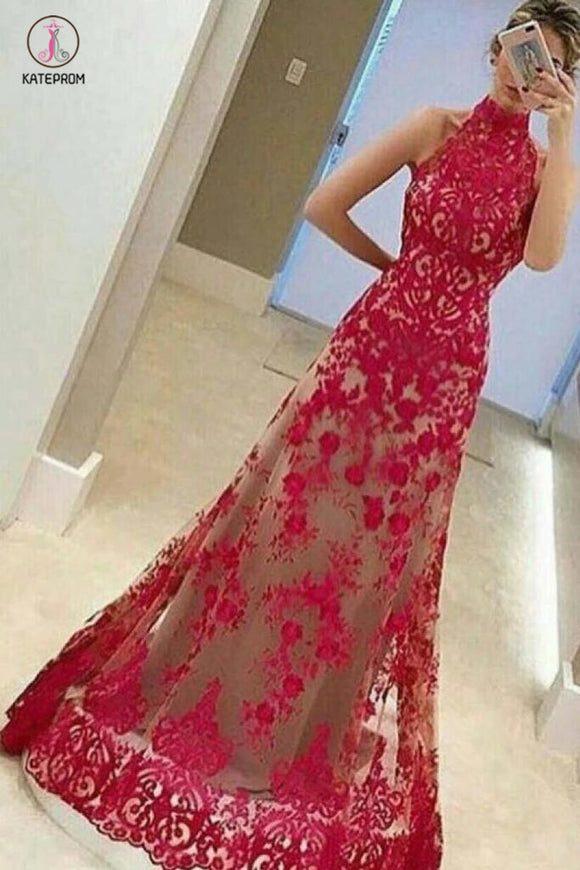 Fashion Cheap A-Line High Neck Sleeveless Floor-Length Red Lace Prom Dress KPP0380