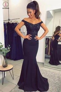 Navy Blue Off The Shoulder Mermaid Stretch Evening Dresses with Lace Beads KPP0383
