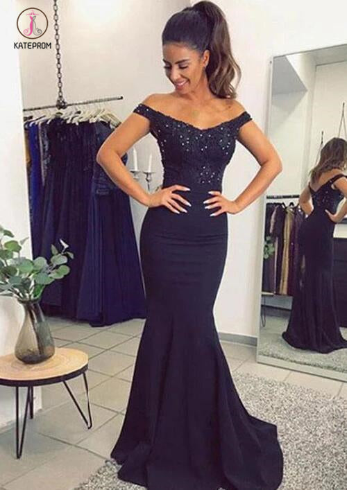 Navy Blue Off The Shoulder Mermaid Stretch Evening Dresses with Lace B –  kateprom