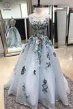 A-line Sleeveless Lace Long Prom Dress with Appliques,Sweep Train Formal Dresses KPP0385