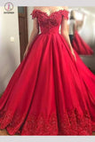 Red Off the Shoulder Long Satin Prom Dress with Lace Appliques,Grad Dresses KPP0387