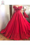 Red Off the Shoulder Long Satin Prom Dress with Lace Appliques,Grad Dresses KPP0387