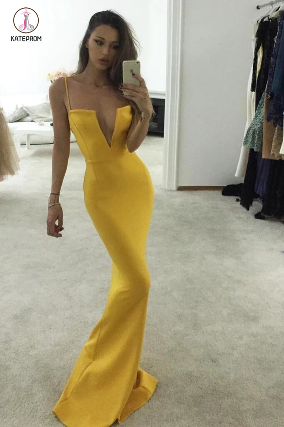 Unique Yellow Spaghetti Straps Notched Mermaid Prom Dress,Sexy Prom Gown KPP0388