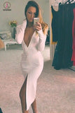 White Sexy Deep V-neck Long Sleeves Front Slit Tea-Length Party Dresses,Prom Gown KPP0389