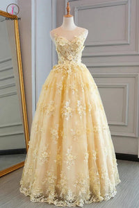 New Style Yellow Sheer Neck Tulle Lace Appliqued Floor-length Prom Dresses KPP0390