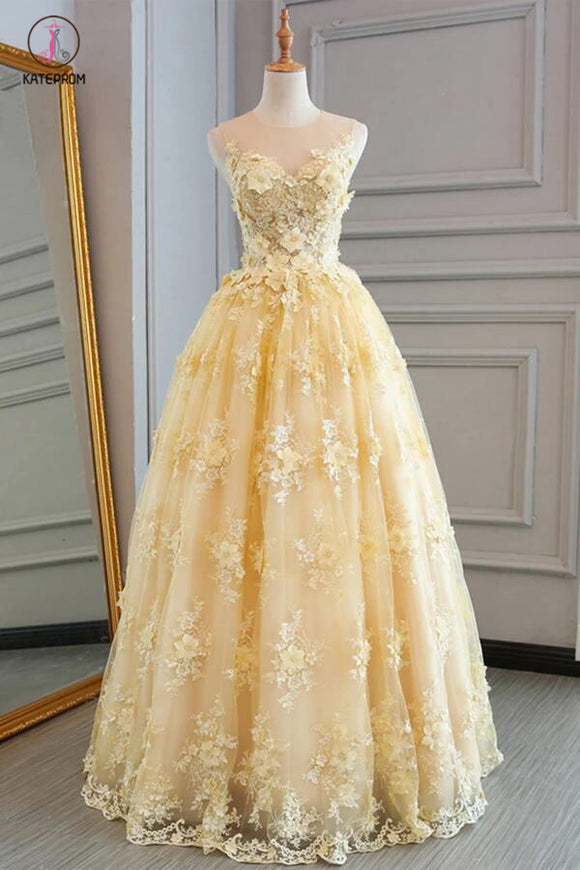 New Style Yellow Sheer Neck Tulle Lace Appliqued Floor-length Prom Dresses KPP0390
