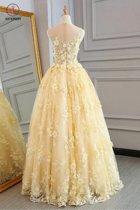 lace yellow bridesmaid dresses lace dress for prom Light Yellow Lace-up Tulle with Lace Party Dress, A-line Yellow