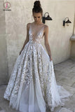 Sexy A Line Deep V-Neck Ivory Tulle Long Prom Dress with Appliques V-Back KPP0393