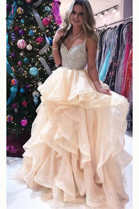 Luxurious Straps V-neck Beading Bodice Tulle Long Prom Dress with Layers KPP0394