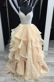 Luxurious Straps V-neck Beading Bodice Tulle Long Prom Dress with Layers KPP0394